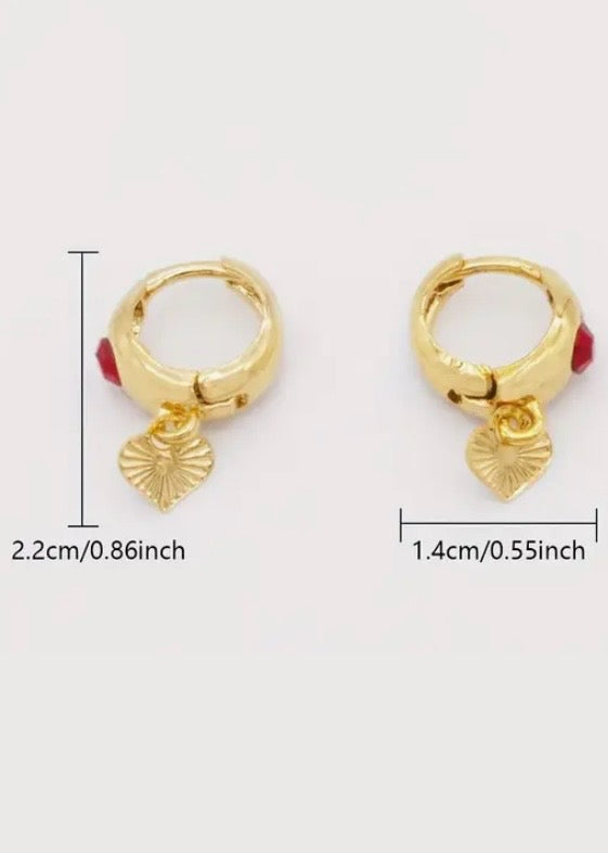 Creative Hoop Earrings Copper 18K Gold Plated Jewelry With Red Heart Shaped Rhinestones Inlaid Elegant Punk Style