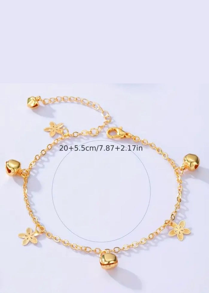 Plum Flower Bell Shape Pendant Thin Chain Anklet 18K Gold Plated Copper Ankle Bracelet