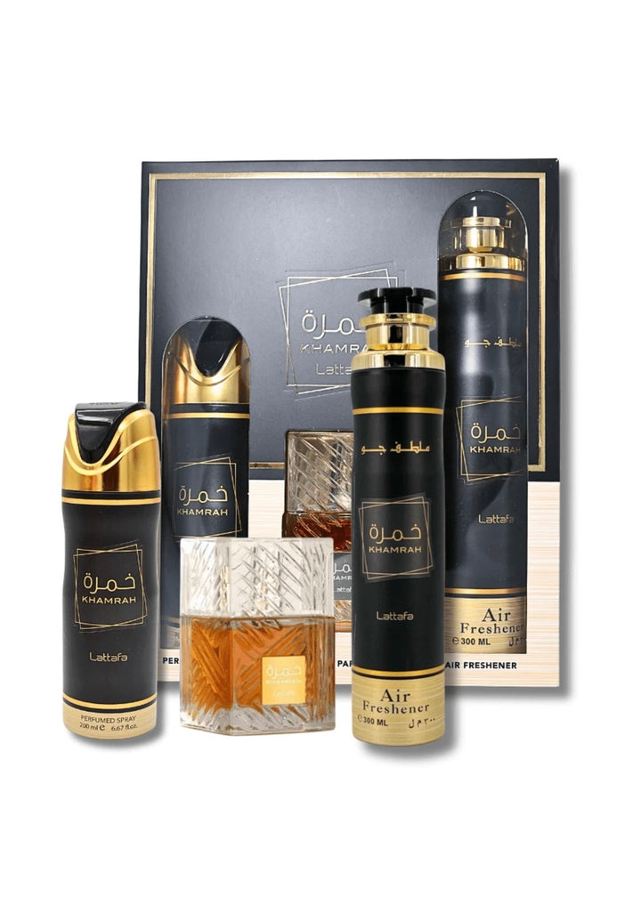 Khamrah Gift Set EDP - 100ML, Perfumed Spray 200ML, Air Freshener 300ML | Gift Set by Lattafa