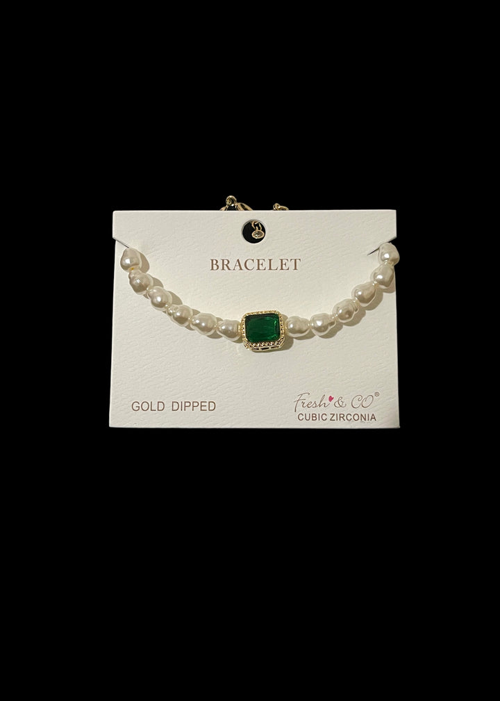 Emerald Cut Stone Pearl Beaded Bracelet
