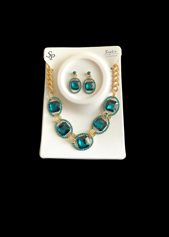 Chunky Square Gem in Oval Rhinestone Link Necklace and Earrings Set
