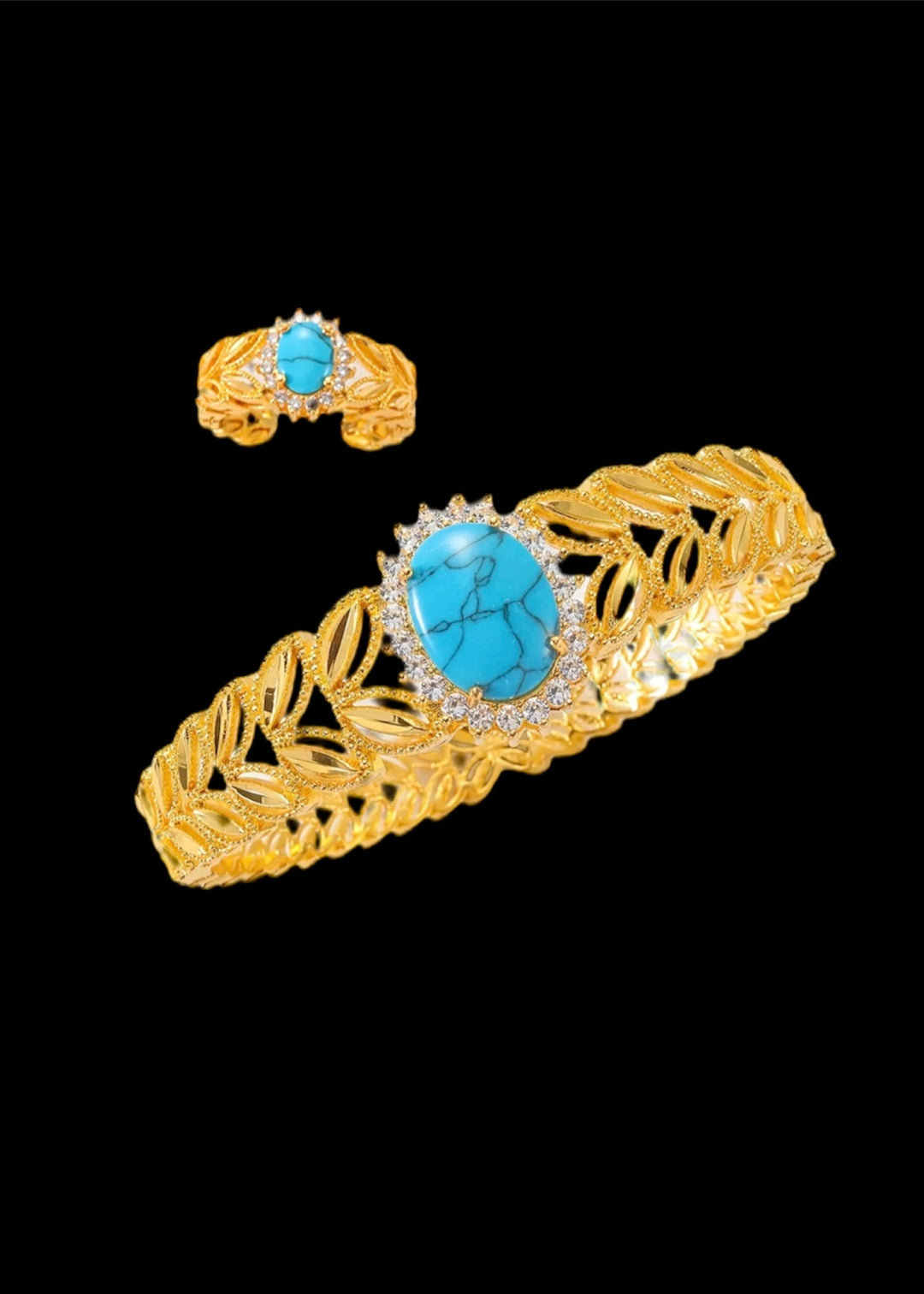 2pcs Bracelet Plus Ring Tribal Jewelry Set Trendy Leaf Design Inlaid Turquoise 18k Gold Plated Match Daily Outfits