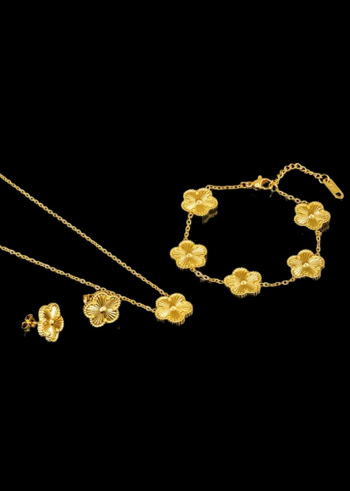 1 Pair Of Earrings + 1 Necklace + 1 Bracelet Chic Jewelry Set 18k Gold Plated Made Of Stainless Steel Trendy Flower Design